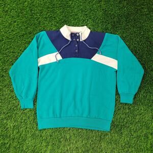 Vintage Y2K 1/4 Snap Button MOD Sweatshirt Small 20x24 Navy White Turquoise